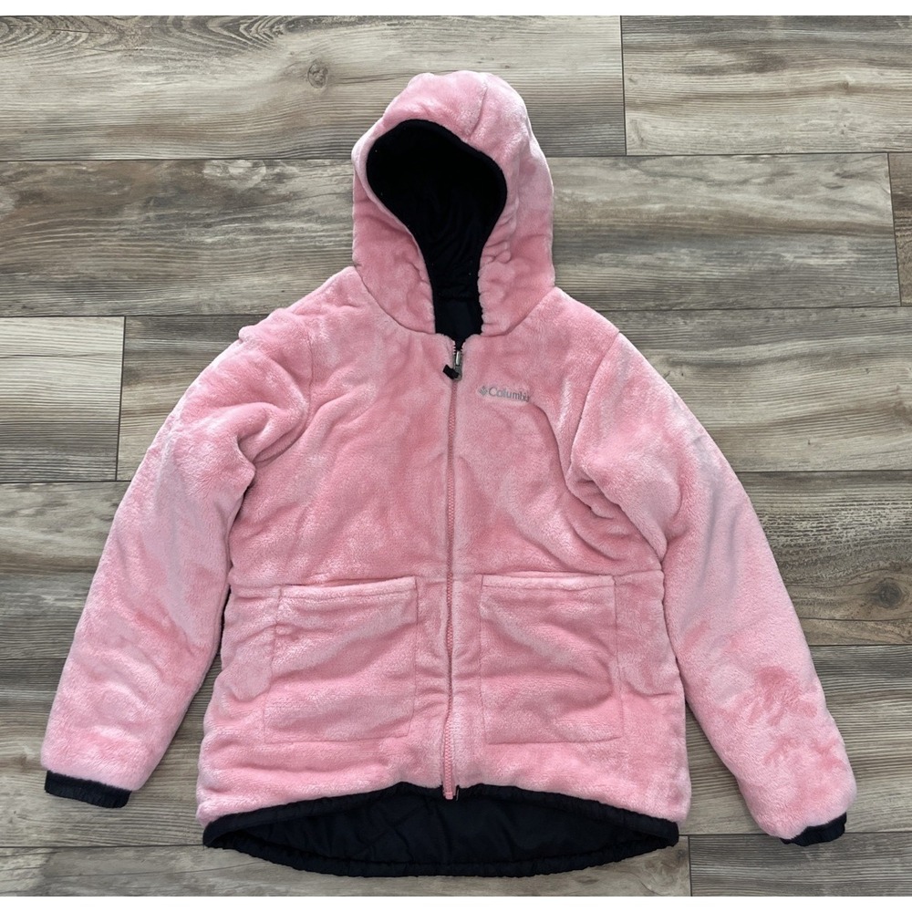 Columbia Kids Reversible Puffer Jacket Pink Fleece Hooded Coat Size L 14/16